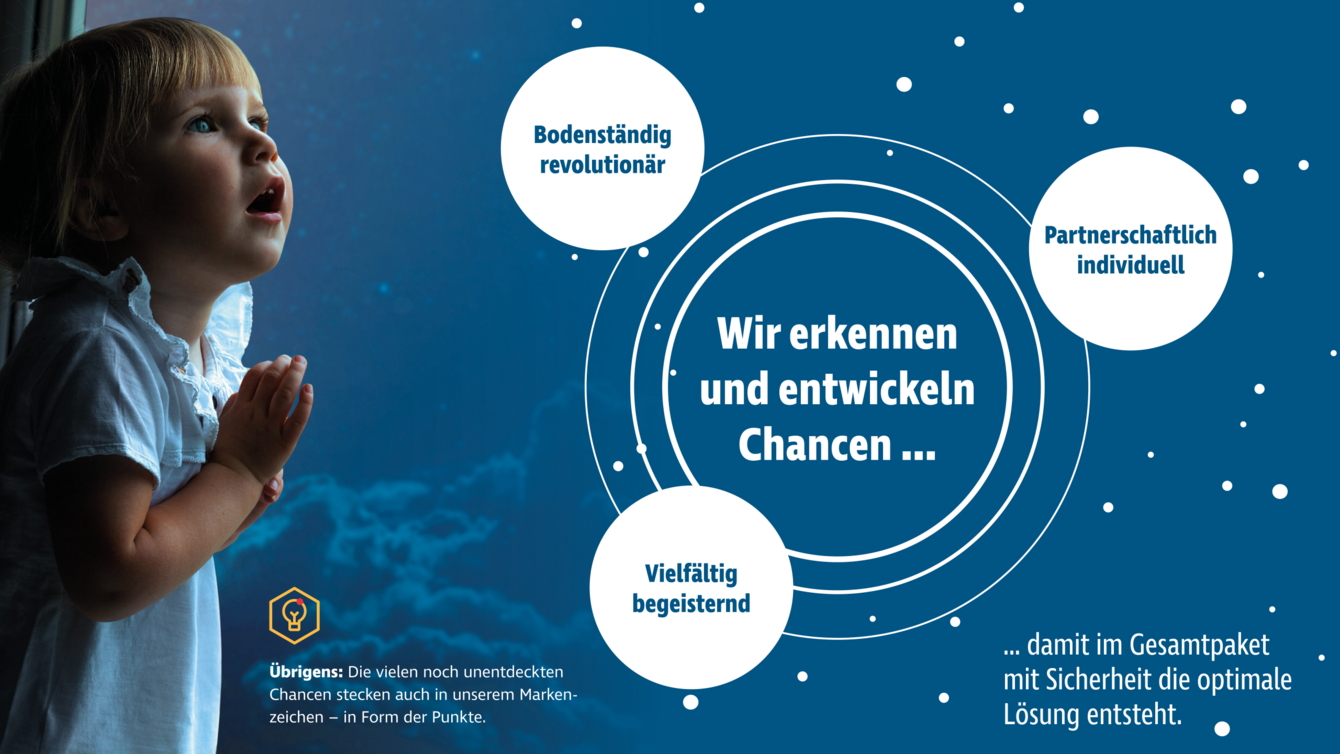 Grafische Darstellung der Prodinger Markenattribute: Vielseitig begeisternd, partnerschaftlich individuell und bodenständig revolutionär