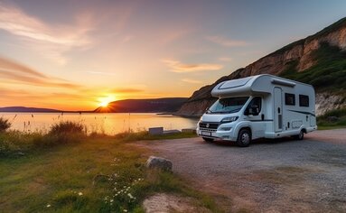 Weißer Camper parkt auf einer Schotterstraße mit Sonnenuntergang im Hintergrund
