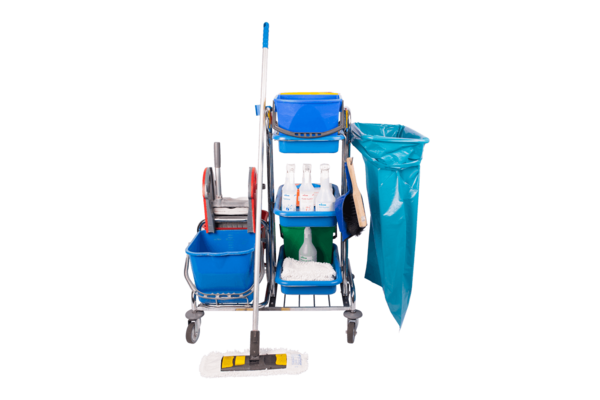 Reinigungswagen mit Reinigungsmitteln für professionelle Betriebshygiene