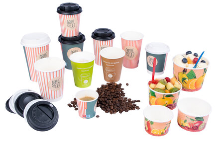 Kaffee- und Eisbecher mit verschiedenen Volumen und Farben, mit oder ohne Bedruckung