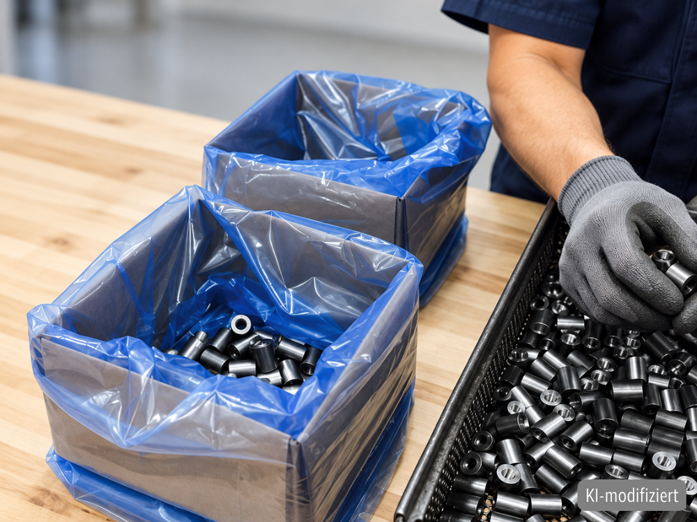 Metallteile in einem mit blauer VCI-Folie ausgekleideten Karton