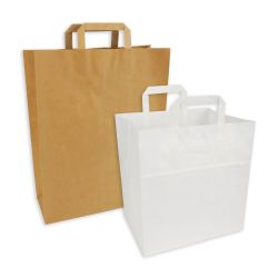 Papiertragetasche – Flachhenkel – braun und weiß – für Verkauf