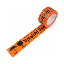 Packband PVC "Vorsicht Glas + Symbol" – 50 mm x 66 m – leuchtorange – 32 µm