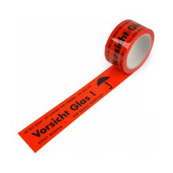Packband PP "VORSICHT GLAS!" – 50 mm x 66 m – rot – 28 µm